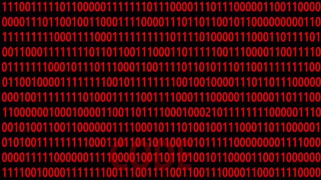 Digital binary code background red color. Shiny numbers of 1 and 0 animated to change randomly. 4k video