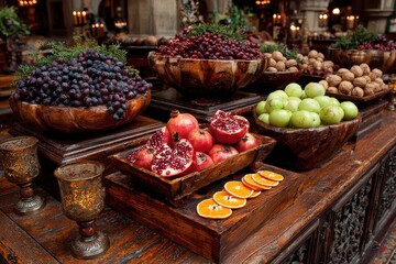 A beautiful display of fresh autumnal fruit arrangement