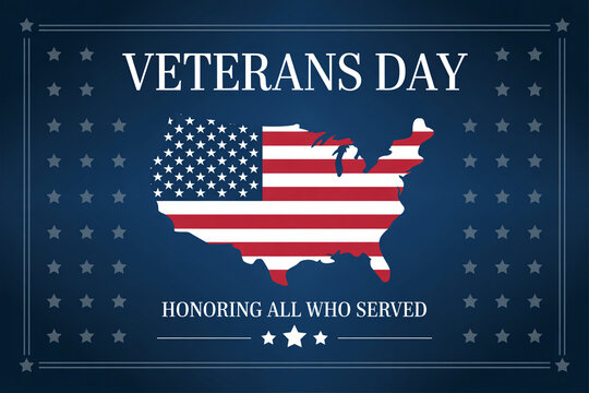 USA map outline decorated with American flag stripes. Patriotic Veterans Day poster honoring courage and sacrifice.