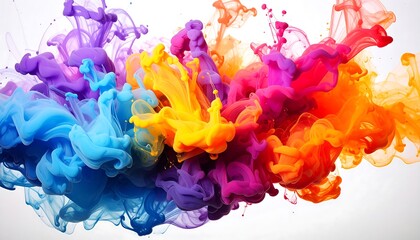 A colorful explosion of liquid paints mixes in vibrant shades against a bright background, creating an abstract and dynamic composition