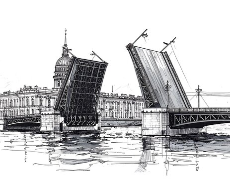 Fototapeta Detailed black and white sketch of a city bridge