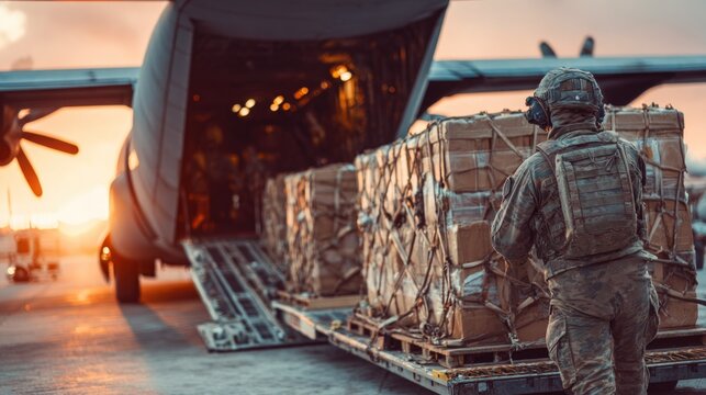Military personnel loading cargo plane at sunset - Powered by Adobe