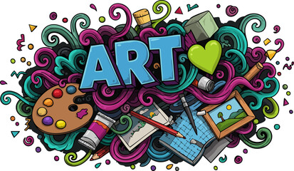 Colorful art supplies and lettering create a vibrant artistic design concept