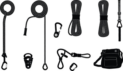 Climbing gear, safety equipment, rope and carabiner, pulley device, rescue tools, outdoor adventure essentials, cad drawing flat vector illustration, black silhouette icons © Itz Joydip
