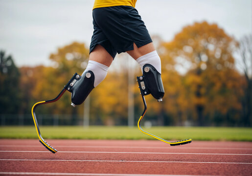 A disabled athlete with a prosthetic legs running on blurred autumn park track background. Running rehabilitation, jogging, para sports concept. Lifestyle shot for poster
