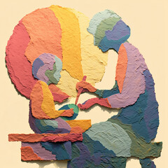 Mother helping child paint Easter egg in colorful artistic style  