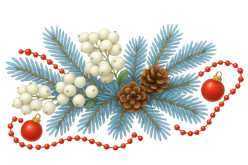 Christmas winter holiday composition with pine branches, snowberries, pinecones, red beads, and baubles on transparent background