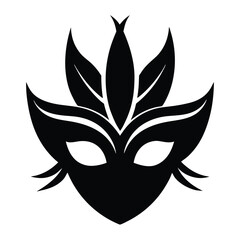 Ornate black mask features feathered extensions, suggesting elegance and mystery on white background