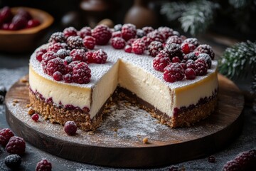 Cheesecake topped with berries and powdered sugar on wooden board.