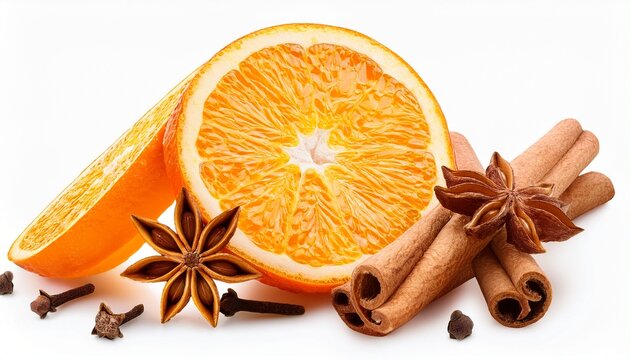 Fresh Orange Slices With Cinnamon Sticks Cloves And Star Anise Isolated On Transparent Background