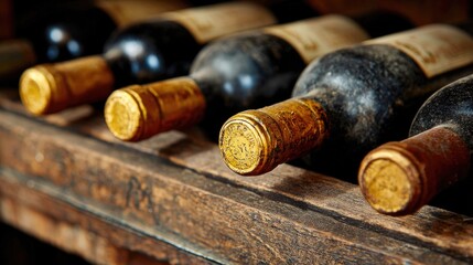 Old wine bottles with golden corks in cellar