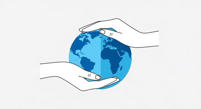 Flat design of blue globe protected by white hands shaped like wings.