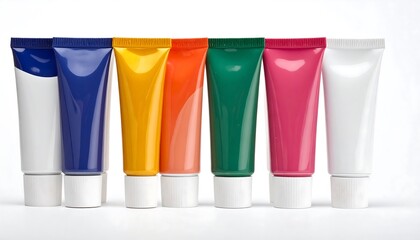 A lineup of vibrant, colorful tubes with screw-on white caps against a plain white background, likely for various creative applications