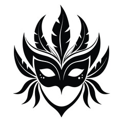 Elaborate black venetian mask featuring decorative feathers isolated on white background for costumes