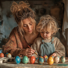Mother helping child paint Easter eggs at home in cozy atmosphere  