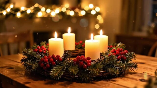 Advent wreath with four candles, pine branches, red berries, glowing lights in the background, warm and cozy Christmas scene