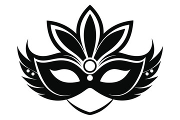 Ornate black silhouette shows a venetian carnival mask with plume feathers and decorative elements