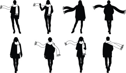 Obraz premium Silhouettes of people wearing scarves in different poses, fashion accessory illustration, winter clothing design, stylish outfit variations, cad drawing flat vector illustration