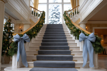 Obraz premium Stairs adorned with festive decorations in a cozy winter setting