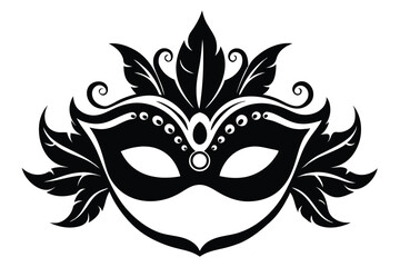 Elaborate black masquerade mask decorated with swirling tendrils and prominent leaves displays intriguing patterns
