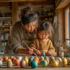 Mother helping child paint Easter eggs in cozy workshop  