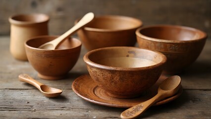 Rustic wooden bowls and spoons on wooden table