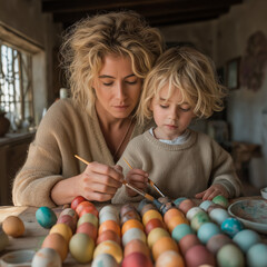 Mother and child painting Easter eggs together at a rustic table  