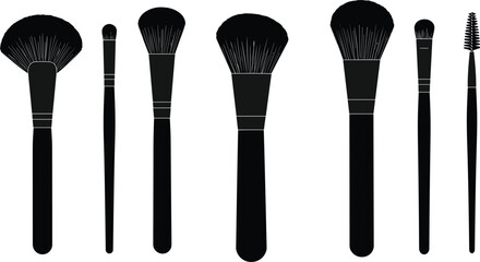 Set of professional makeup brushes for beauty, cosmetics, foundation, eyeshadow, eyeliner, powder, blush, eyebrow grooming, cad drawing flat vector illustration