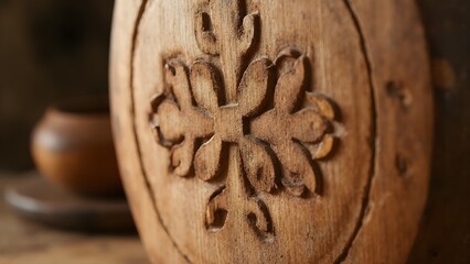 Close up of carved wooden ornament in folk style