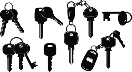 House keys, car keys, skeleton key, keychains, key rings, fobs, black silhouette collection, security lock symbols, CAD drawing flat vector illustration