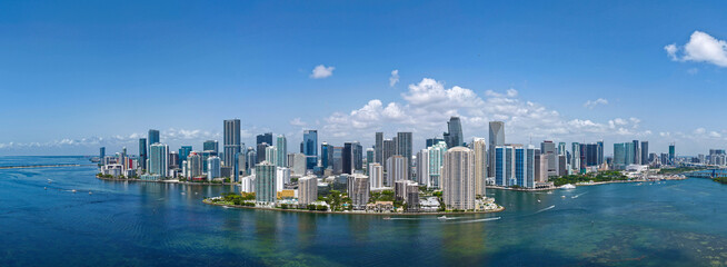 Aerial panorama of Brickell in Miami. Downtown Miami skyline on a sunny day. Scenic view of Miami...