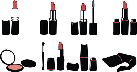 Cosmetic makeup products, lipstick tubes, mascara wand, compact powder, beauty brush, cosmetic pouch, flat vector illustration, CAD drawing, beauty accessories collection