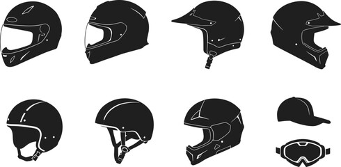 Protective helmets, sports headgear, motorcycle helmet, cycling helmet, skateboarding helmet, baseball cap, ski goggles, cad drawing flat vector illustration © Itz Joydip