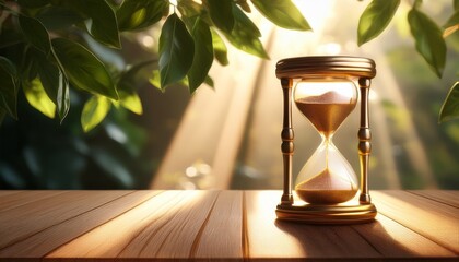Golden Hourglass On Wooden Table With Sunlight And Leaves Shadows