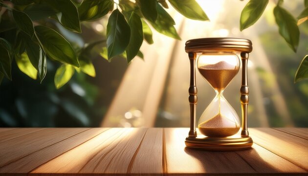 Golden Hourglass On Wooden Table With Sunlight And Leaves Shadows