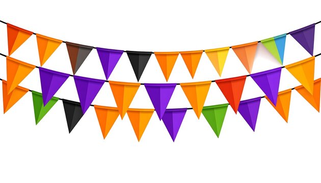 A festive banner of colorful triangle flags strung along black strings, arranged in a layered and overlapping horizontal pattern against a stark white backdrop - Powered by Adobe