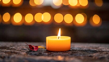 A lit candle sits in focus, with a single flower petal nearby. Blurry lights create a warm glow in the background