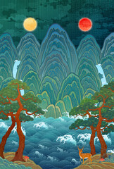 A traditional Korean folk painting illustration. A painting of the sun, moon, and five peaks. A traditional folk painting symbolizing the king. The sun, moon, and five peaks. 한국 전통 그림, 일월오봉도, 민화 일러스트 