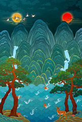 A traditional Korean folk painting illustration. A painting of the sun, moon, and five peaks. A traditional folk painting symbolizing the king. The sun, moon, and five peaks. 한국 전통 그림, 일월오봉도, 민화 일러스트 