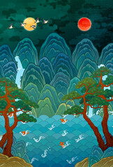 A traditional Korean folk painting illustration. A painting of the sun, moon, and five peaks. A traditional folk painting symbolizing the king. The sun, moon, and five peaks. 한국 전통 그림, 일월오봉도, 민화 일러스트 