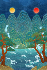 A traditional Korean folk painting illustration. A painting of the sun, moon, and five peaks. A traditional folk painting symbolizing the king. The sun, moon, and five peaks. 한국 전통 그림, 일월오봉도, 민화 일러스트 