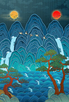 A traditional Korean folk painting illustration. A painting of the sun, moon, and five peaks. A traditional folk painting symbolizing the king. The sun, moon, and five peaks. 한국 전통 그림, 일월오봉도, 민화 일러스트 