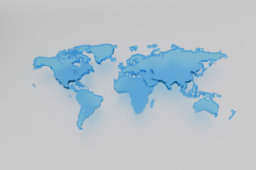3D illustration of a blue world water map on a light background, symbolizing global communication, geography, travel, business, and international connections. Water Day concept