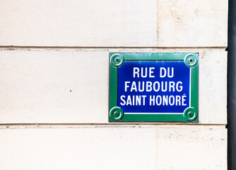Paris, France: street Rue de Faubourg Saint Honore street sign 