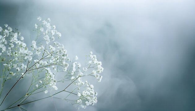 Smoke Selective Soft Focus Gypsophila Flower Twig On Fog Gray Natural Blur Background
