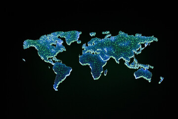 Abstract glowing world map on a black background with neon light, symbolizing global connection, environment. Technologies and web communications, concept