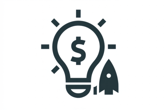 Icon representing a profitable business idea, innovation, and a successful startup launch with a rocket.