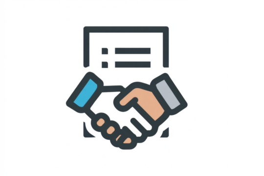 An illustration of two hands shaking in front of a document, symbolizing agreement and partnership.