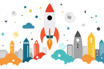 A vibrant illustration of rockets launching from a futuristic city skyline amidst clouds and stars.