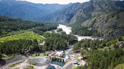 Chemal Hydroelectric Power Station aerial view, Altai, Russia